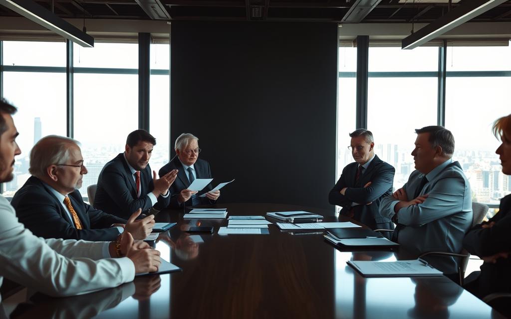 A Conference Table Surrounded By Insurance Agents And Claimants, Engaged In An Intense Negotiation. Bright, Overhead Lighting Casts Dramatic Shadows, Creating A Sense Of High-Stakes Tension. The Claimants, Stern-Faced, Present Documents And Gesticulate Passionately, While The Agents, Arms Folded, Listen Intently, Their Expressions Cautious And Guarded. In The Background, A Large Window Offers A Glimpse Of The Bustling City Beyond, Underscoring The Significance Of The Negotiations Taking Place. The Scene Conveys The Delicate Balance Of Power And The Importance Of Strategic Maneuvering In Securing A Favorable Outcome.