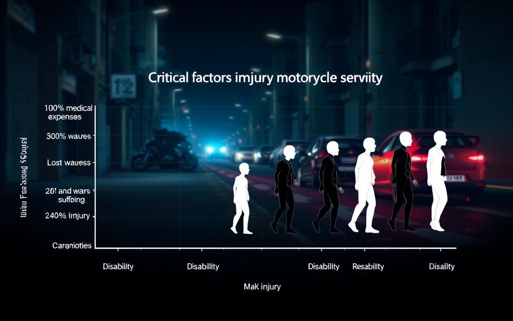 A Detailed Illustration Depicting The Critical Factors That Determine Injury Severity Compensation After A Motorcycle Accident. In The Foreground, A Clear Graph Or Chart Showcasing Key Metrics Like Medical Expenses, Lost Wages, Pain And Suffering, And Disability. The Middle Ground Features Human Figures In Various Poses, Each Representing A Different Level Of Injury Severity. In The Background, A Dimly Lit Urban Environment With A Motorcycle Wreck Scene, Conveying The Context Of The Accident. Lighting Is Dramatic, With Moody Shadows And A Slightly Desaturated Color Palette To Evoke A Serious, Informative Tone. The Overall Composition Emphasizes The Interconnected Relationship Between Accident Severity, Injury Impact, And Final Compensation Amount.