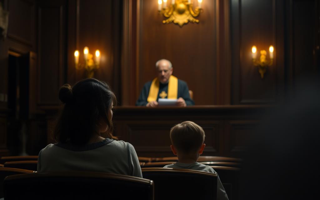 A Dimly Lit Courtroom, The Judge'S Bench Illuminated By A Warm Spotlight. In The Foreground, A Mother And Child Sit Anxiously, Their Expressions Conveying The Weight Of The Court'S Decision Regarding Their Relocation. The Middle Ground Showcases The Judge, Clad In A Regal Robe, Studying Documents With A Stern Yet Considered Gaze. The Background Fades Into A Hazy, Dreamlike Quality, Emphasizing The Gravity And Uncertainty Of The Moment. Soft, Diffused Lighting Creates A Sense Of Tension And Solemnity, While The Composition Draws The Viewer'S Eye To The Central Figures, Capturing The Essence Of The &Quot;Moving Out Of State With Child No Custody Agreement&Quot; Scenario. A Dimly Lit Courtroom, The Judge'S Bench Illuminated By A Warm Spotlight. In The Foreground, A Mother And Child Sit Anxiously, Their Expressions Conveying The Weight Of The Court'S Decision Regarding Their Relocation. The Middle Ground Showcases The Judge, Clad In A Regal Robe, Studying Documents With A Stern Yet Considered Gaze. The Background Fades Into A Hazy, Dreamlike Quality, Emphasizing The Gravity And Uncertainty Of The Moment. Soft, Diffused Lighting Creates A Sense Of Tension And Solemnity, While The Composition Draws The Viewer'S Eye To The Central Figures, Capturing The Essence Of The &Quot;Moving Out Of State With Child No Custody Agreement&Quot; Scenario.