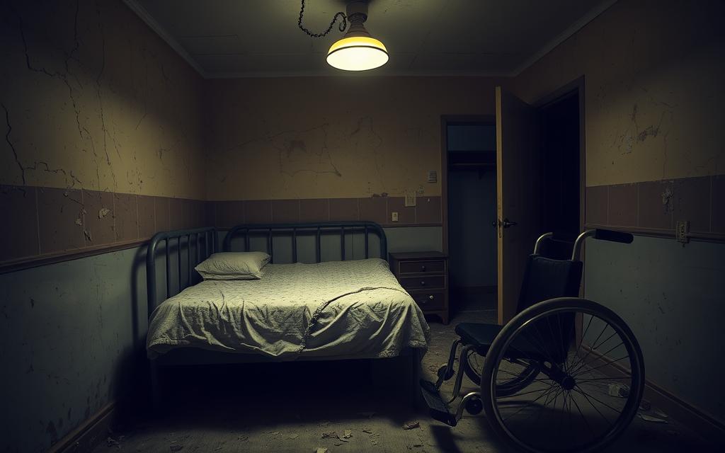 A Dimly Lit, Dilapidated Nursing Home Room, With Peeling Paint, Cracked Walls, And A Tattered, Stained Mattress On A Rickety Bed Frame. The Room Is Bathed In A Sickly Yellow Glow From A Single, Flickering Overhead Light, Casting Eerie Shadows And A Sense Of Neglect. In The Foreground, A Crumpled, Discarded Wheelchair Sits Abandoned, A Symbol Of The Facility'S Disregard For The Well-Being Of Its Residents. The Atmosphere Is Oppressive, Conveying A Sense Of Isolation And The Inability Of The Vulnerable Occupants To Advocate For Themselves. The Overall Scene Evokes A Feeling Of Profound Sadness And The Urgent Need For Reform In The Substandard Care Provided In This Facility.