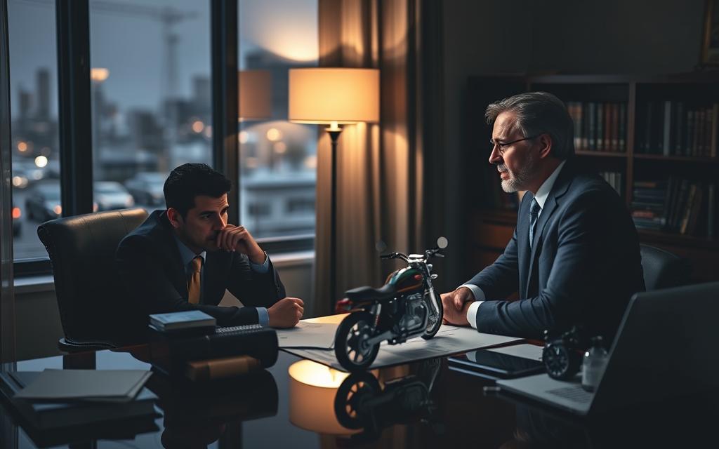 A Dimly Lit Law Office Interior, With A Client Sitting Across From A Motorcycle Accident Lawyer, Discussing The Legal Process. The Lawyer'S Desk Is Cluttered With Documents, A Laptop, And A Model Motorcycle, Symbolizing The Expertise. Soft Lighting From A Floor Lamp Casts Gentle Shadows, Creating An Atmosphere Of Contemplation And Professionalism. The Client Appears Tense, Leaning Forward, While The Lawyer Maintains A Calm, Reassuring Demeanor. Through The Window, A Blurred Cityscape Can Be Seen, Hinting At The Larger Context Of The Accident. The Overall Scene Conveys The Importance Of Legal Consultation In Navigating The Complex Aftermath Of A Motorcycle Crash.