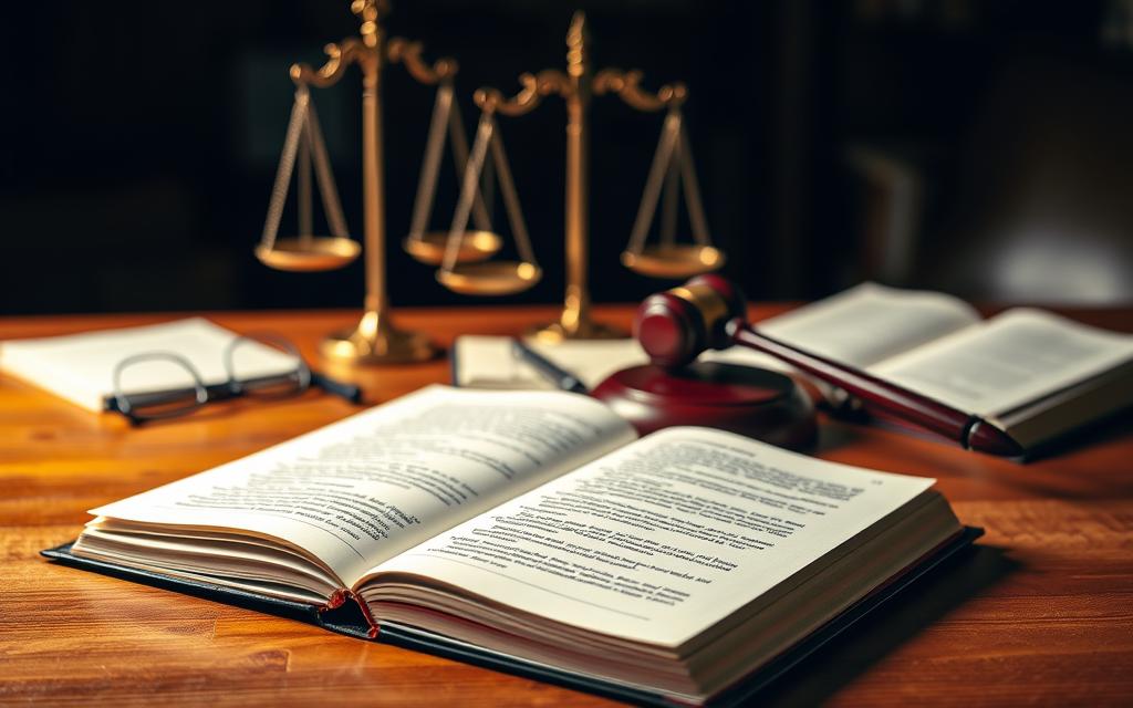 A High-Contrast Legal Document With A Gavel And Scales Of Justice On A Wooden Table, Illuminated By Warm, Directional Lighting. The Foreground Features An Open Book With Crisp, Legible Text Detailing Key Legal Statutes And Frameworks For Elder Abuse Cases. The Middle Ground Showcases A Magnifying Glass, Reading Glasses, And A Pen, Suggesting The Meticulous Examination Of Evidence. The Background Blurs Into A Dimly Lit, Authoritative Law Office Setting, Creating A Sense Of Gravity And Importance Surrounding The Subject Matter.