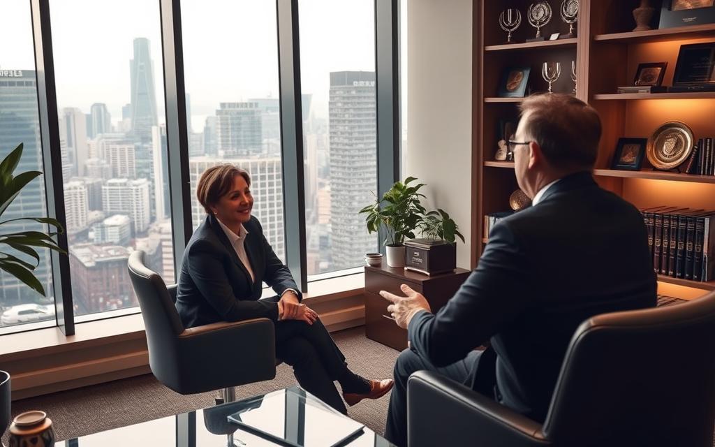 A Modern, Well-Appointed Law Office With Floor-To-Ceiling Windows Overlooking A Bustling City Skyline. In The Foreground, A Prospective Client Sits Across From A Professional-Looking Lawyer, Engaged In A Thoughtful Discussion. Soft, Indirect Lighting Casts A Warm, Authoritative Glow, Conveying A Sense Of Trust And Expertise. The Background Features Bookshelves, Awards, And Other Accoutrements That Suggest The Firm'S Experience And Reputation. The Overall Mood Is One Of Confidence, Competence, And Care As The Client Considers Their Legal Representation.