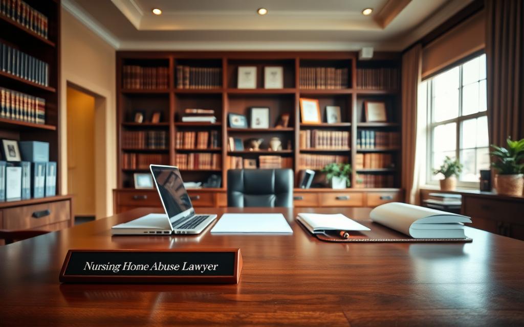 A Professional Legal Office Interior With A Modern And Sophisticated Aesthetic. In The Foreground, A Large, Polished Wooden Desk With A Nameplate That Reads &Quot;Nursing Home Abuse Lawyer.&Quot; On The Desk, A Laptop, A Few Files, And A Pen Resting On A Leather Blotter. Behind The Desk, A Floor-To-Ceiling Bookshelf Filled With Legal Tomes. The Walls Are Painted In A Warm, Neutral Tone, Adorned With Framed Certificates And Awards. Natural Lighting Streams In Through Large Windows, Casting A Soft, Even Glow Throughout The Space. The Overall Atmosphere Conveys A Sense Of Expertise, Authority, And A Commitment To Providing Excellent Legal Services.