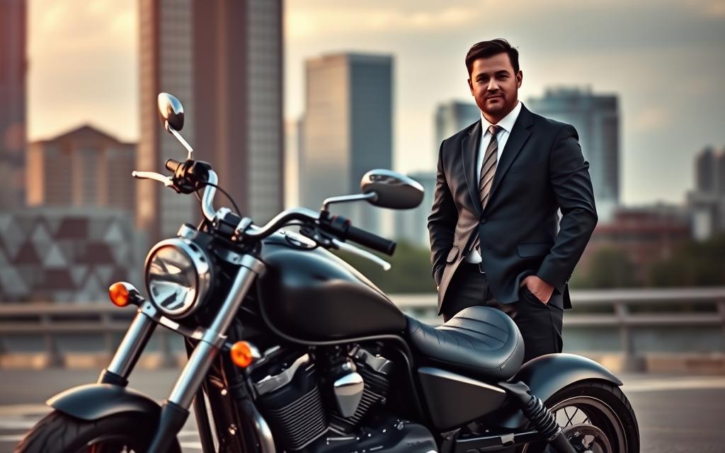 A Sleek, Powerful Motorcycle Stands In The Foreground, Its Chrome Accents Gleaming Under The Warm, Directional Lighting. In The Middle Ground, A Confident, Professional-Looking Individual In A Sharp Suit Stands Beside The Bike, Conveying An Air Of Expertise And Legal Authority. The Background Features The Modern, High-Rise Skyline Of North Charleston, Suggesting The Urban Setting And The Importance Of Legal Representation For Motorcycle Accidents In This Thriving City. The Overall Composition And Mood Evoke A Sense Of Authority, Protection, And The Ability To Navigate The Complexities Of The Law On Behalf Of The Motorcycle Rider.