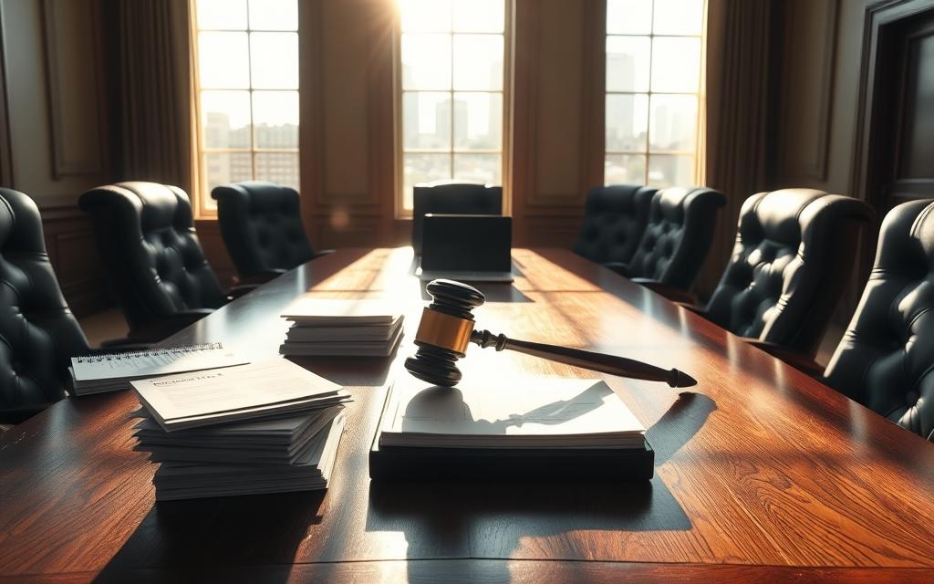 A Sunlit Corporate Boardroom, With A Weathered Mahogany Table And High-Backed Leather Chairs. On The Table, Stacks Of Financial Documents, A Laptop, And A Model Of A Gavel - Symbols Of Bankruptcy Reorganization. Light Streams In Through Tall Windows, Casting Dramatic Shadows Across The Room. The Atmosphere Is One Of Considered Contemplation, A Sense Of Strategic Planning To Navigate The Complexities Of Chapter 11 Proceedings. Tension And Determination Permeate The Scene, As A Team Of Experts Pore Over The Details, Seeking Innovative Solutions To Financial Hardship.